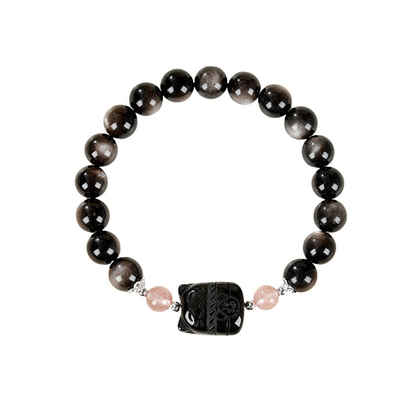 Nimara Ritual Cat Silver Sheen Obsidian Strawberry Quartz Protection Bracelet