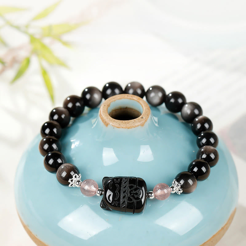 Nimara Ritual Cat Silver Sheen Obsidian Strawberry Quartz Protection Bracelet