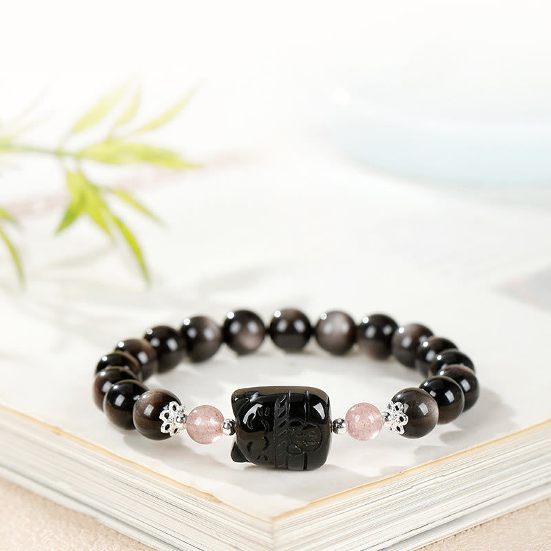 Nimara Ritual Cat Silver Sheen Obsidian Strawberry Quartz Protection Bracelet