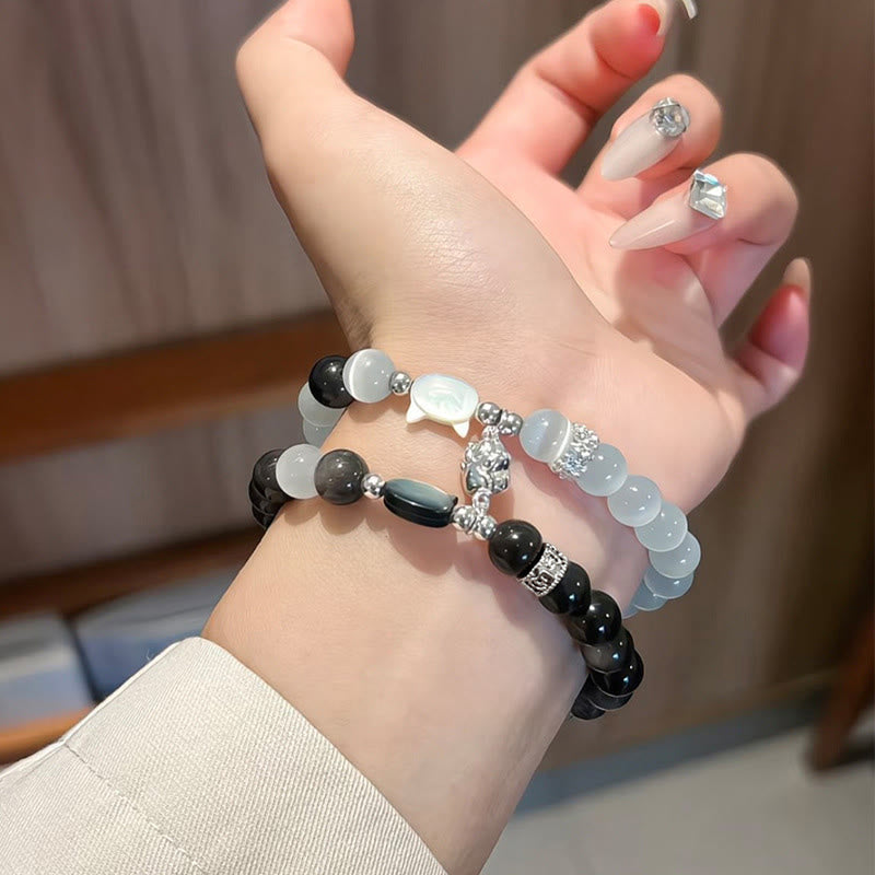 Nimara Ritual Cat Head White Cat's Eye Silver Sheen Obsidian Positive Bracelet