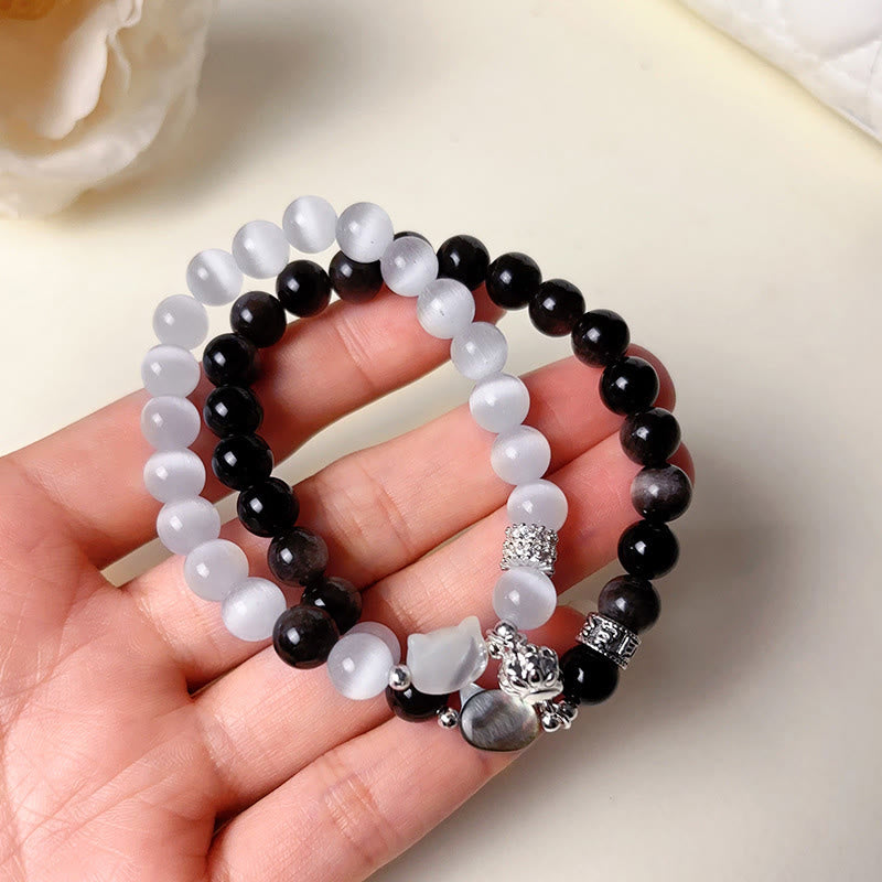 Nimara Ritual Cat Head White Cat's Eye Silver Sheen Obsidian Positive Bracelet