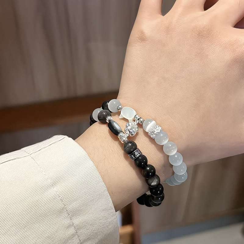 Nimara Ritual Cat Head White Cat's Eye Silver Sheen Obsidian Positive Bracelet