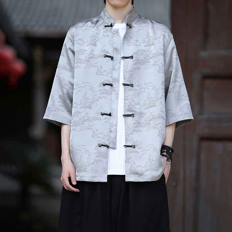 Nimara Ritual Summer Pine Tree Mountain Pattern Half Sleeve Frog-Button Design Men's Shirt