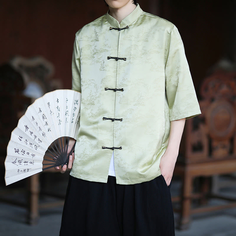 Nimara Ritual Summer Pine Tree Mountain Pattern Half Sleeve Frog-Button Design Men's Shirt