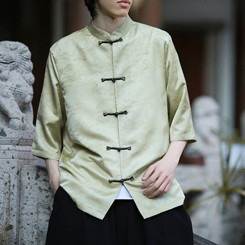 Nimara Ritual Summer Pine Tree Mountain Pattern Half Sleeve Frog-Button Design Men's Shirt