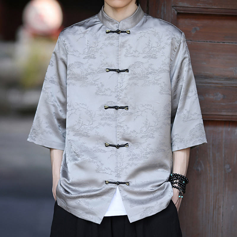 Nimara Ritual Summer Pine Tree Mountain Pattern Half Sleeve Frog-Button Design Men's Shirt