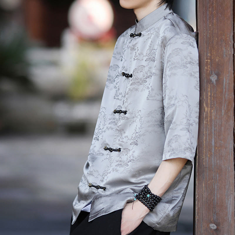 Nimara Ritual Summer Pine Tree Mountain Pattern Half Sleeve Frog-Button Design Men's Shirt