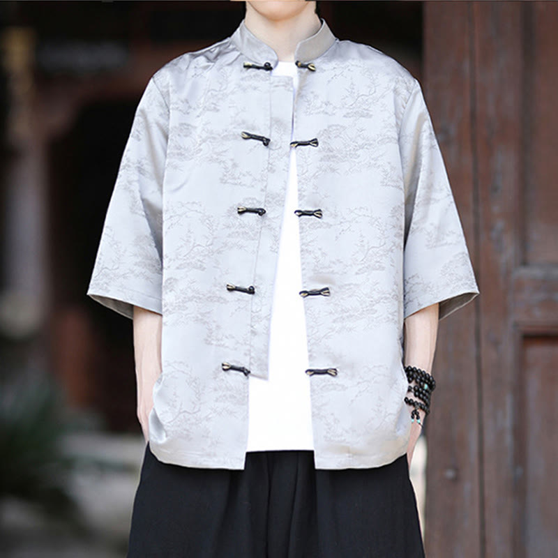 Nimara Ritual Summer Pine Tree Mountain Pattern Half Sleeve Frog-Button Design Men's Shirt