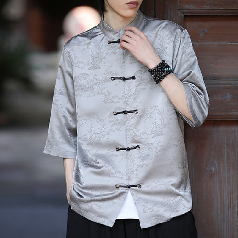Nimara Ritual Summer Pine Tree Mountain Pattern Half Sleeve Frog-Button Design Men's Shirt