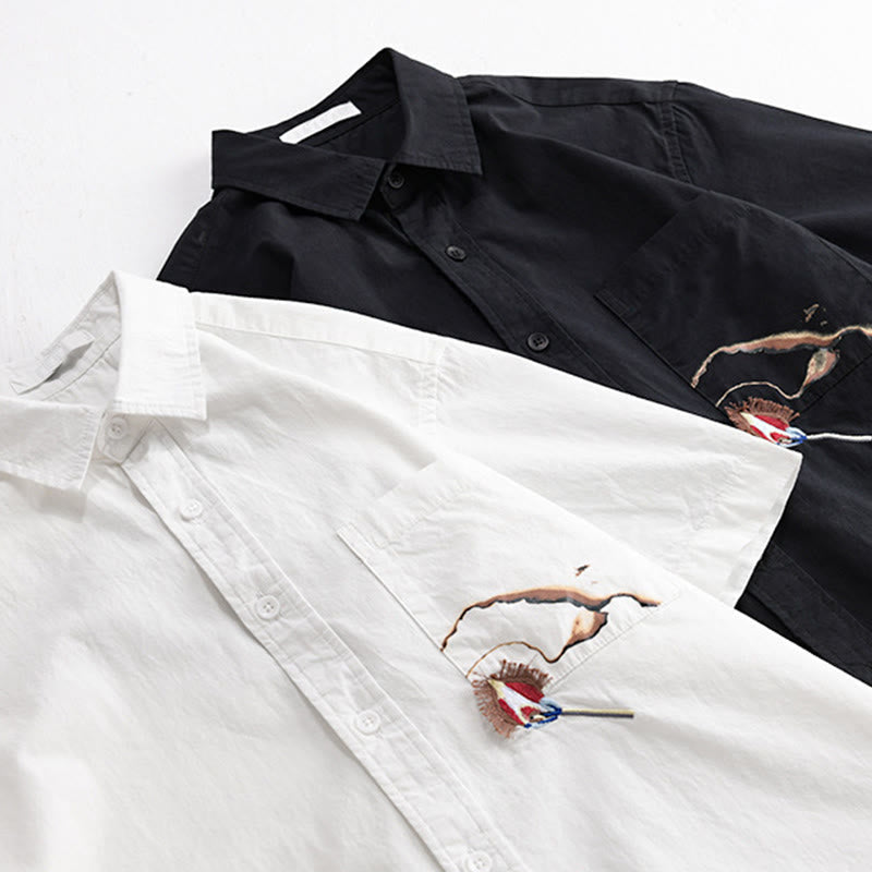 Nimara Ritual Summer Buttons Down Bird Embroidery Decorative Pocket Men's Short Sleeve Cotton Shirt