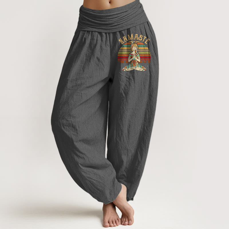Nimara Ritual Colored Stripes Lotus Meditation Figure Pattern Namaste Women's Harem Pure Cotton Pants