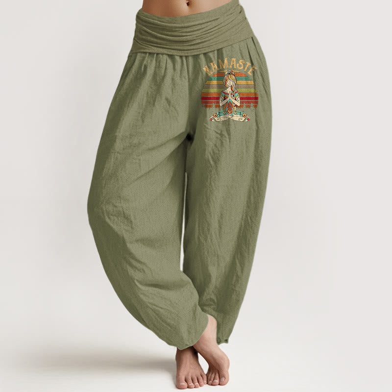 Nimara Ritual Colored Stripes Lotus Meditation Figure Pattern Namaste Women's Harem Pure Cotton Pants