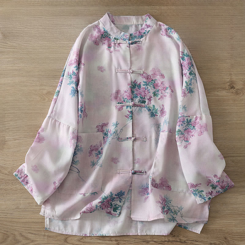 Nimara Ritual Fall Purple Floral Green Leaves Print Frog-Button Stand Collar Long Sleeve Women's Cotton Shirt