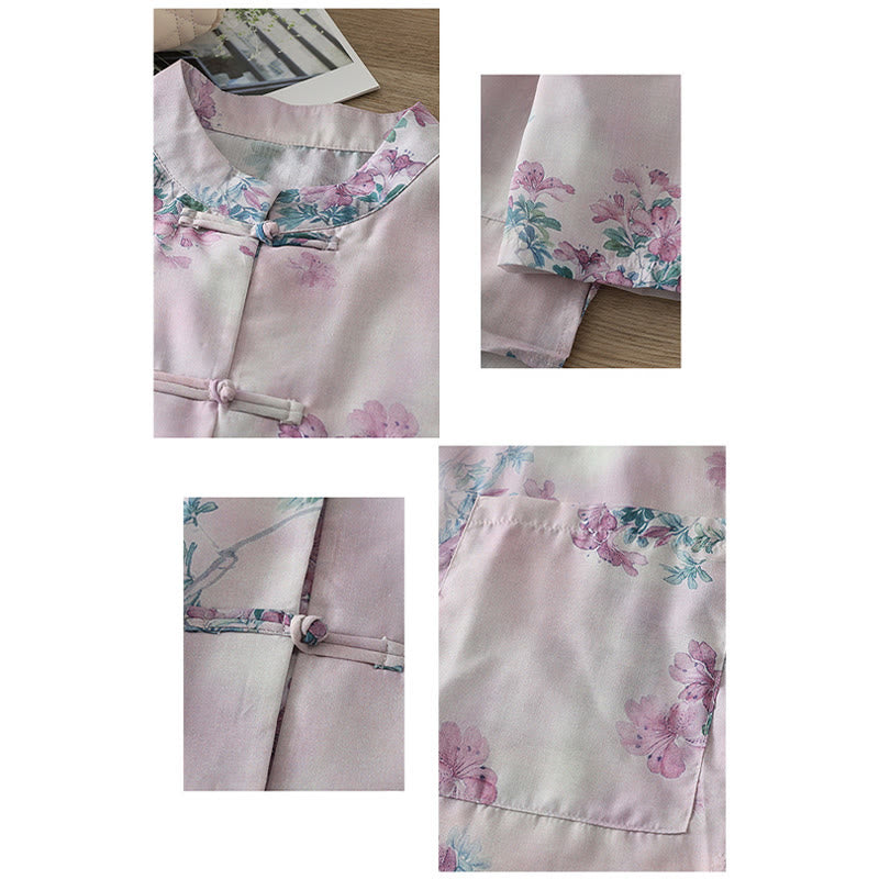 Nimara Ritual Fall Purple Floral Green Leaves Print Frog-Button Stand Collar Long Sleeve Women's Cotton Shirt