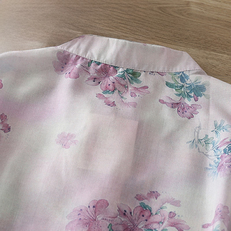 Nimara Ritual Fall Purple Floral Green Leaves Print Frog-Button Stand Collar Long Sleeve Women's Cotton Shirt