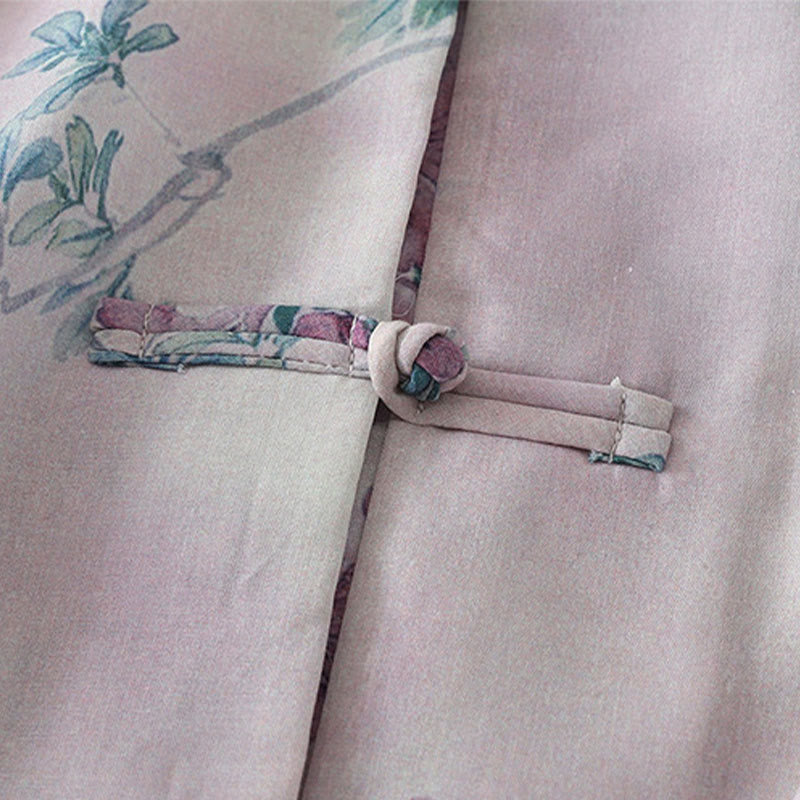 Nimara Ritual Fall Purple Floral Green Leaves Print Frog-Button Stand Collar Long Sleeve Women's Cotton Shirt