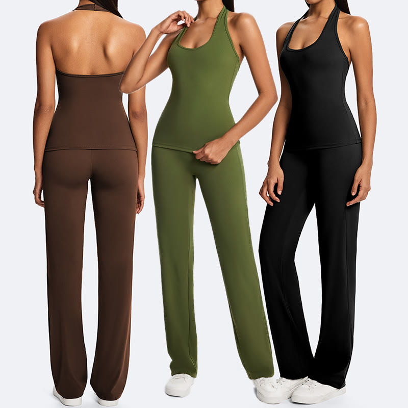 Nimara Ritual Solid Crop Halter Backless Sleeveless Top Straight Leg Pants For Sports Fitness Yoga