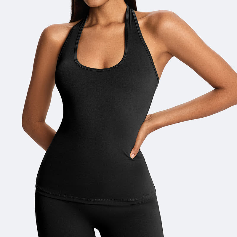 Nimara Ritual Solid Crop Halter Backless Sleeveless Top Straight Leg Pants For Sports Fitness Yoga