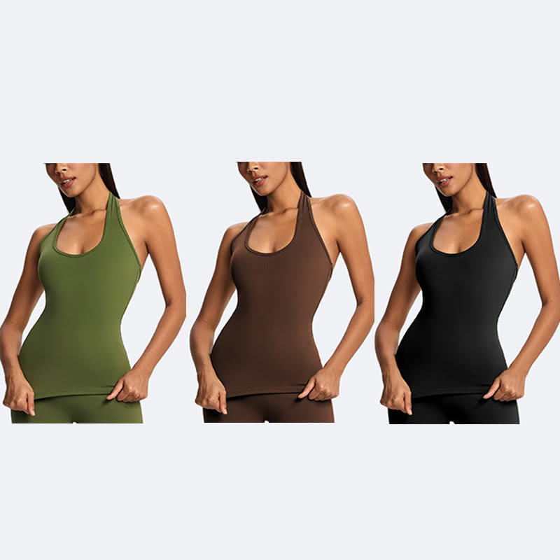 Nimara Ritual Solid Crop Halter Backless Sleeveless Top Straight Leg Pants For Sports Fitness Yoga