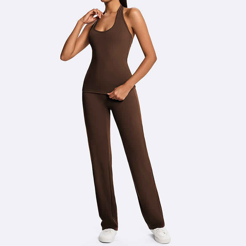 Nimara Ritual Solid Crop Halter Backless Sleeveless Top Straight Leg Pants For Sports Fitness Yoga