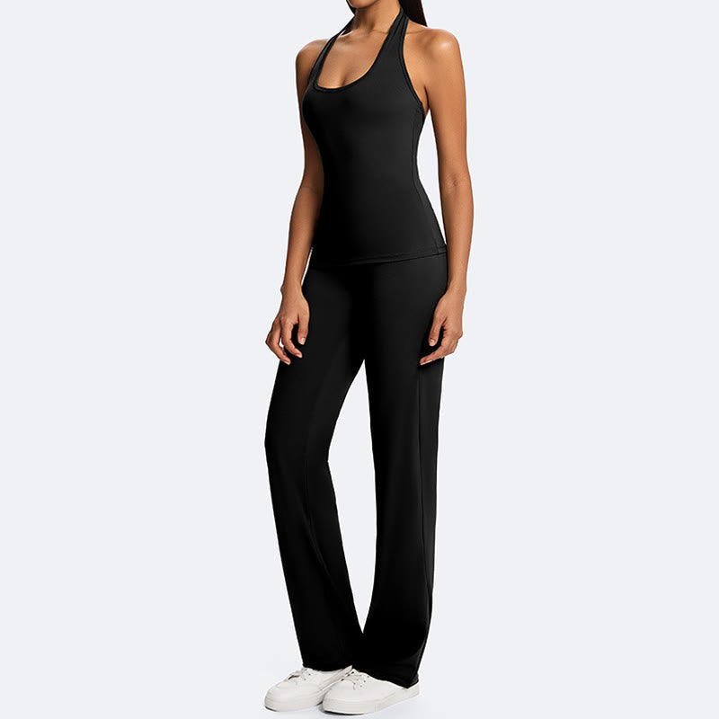 Nimara Ritual Solid Crop Halter Backless Sleeveless Top Straight Leg Pants For Sports Fitness Yoga