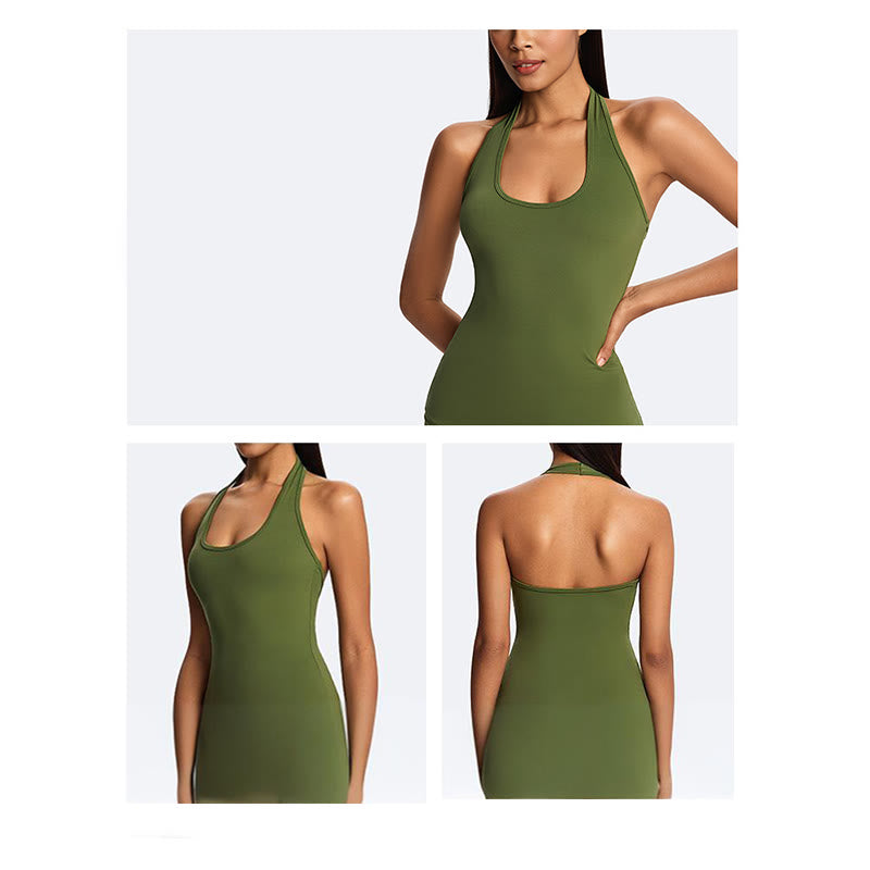 Nimara Ritual Solid Crop Halter Backless Sleeveless Top Straight Leg Pants For Sports Fitness Yoga