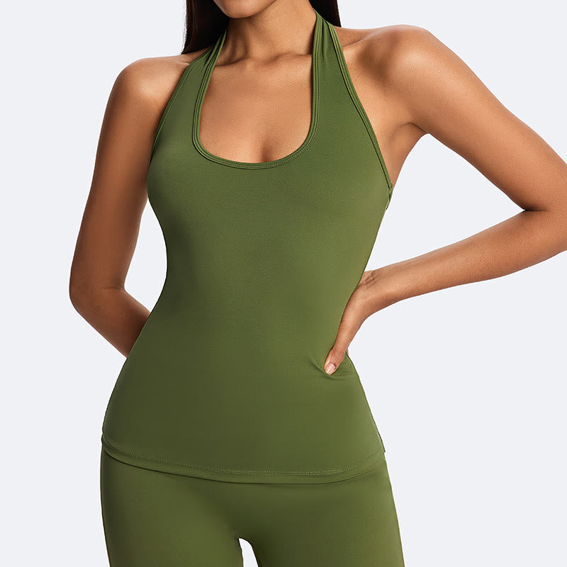 Nimara Ritual Solid Crop Halter Backless Sleeveless Top Straight Leg Pants For Sports Fitness Yoga