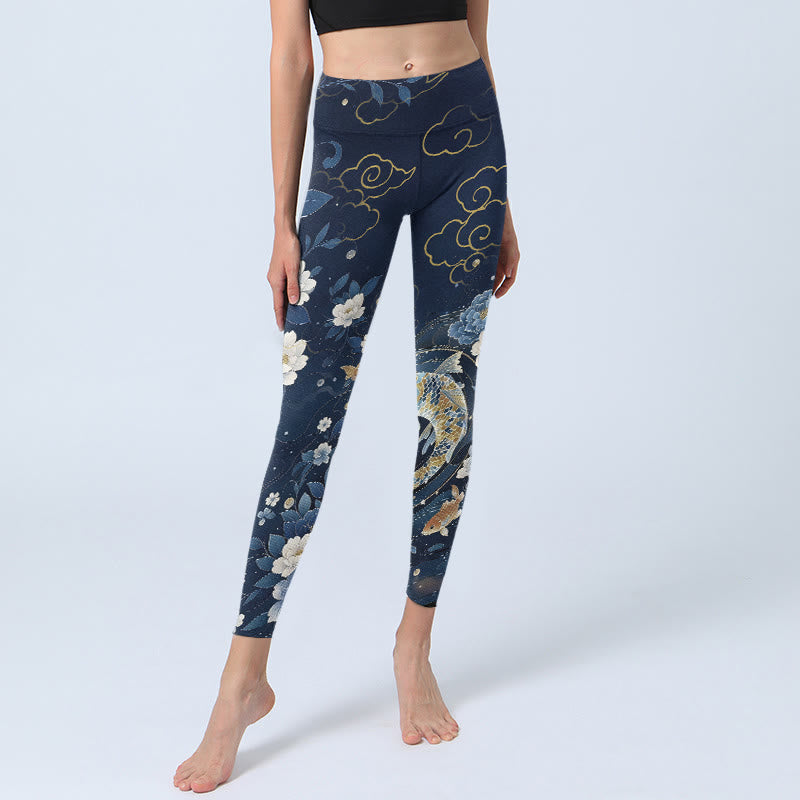 Nimara Ritual Blue White Peony Flowers Koi Fish Print Gym Leggings Women's Yoga Pants