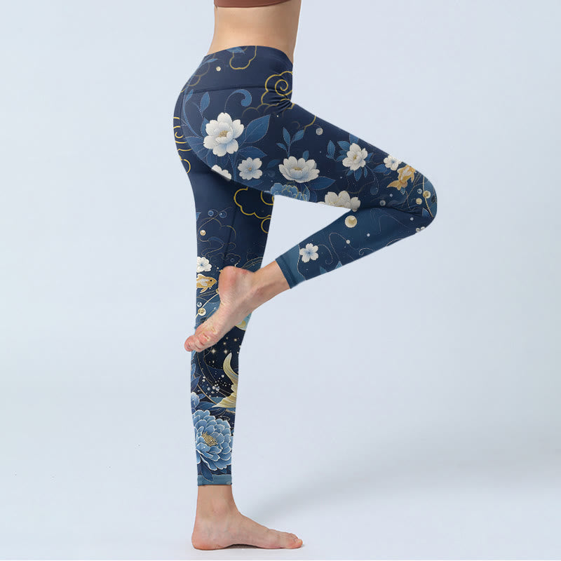 Nimara Ritual Blue White Peony Flowers Koi Fish Print Gym Leggings Women's Yoga Pants