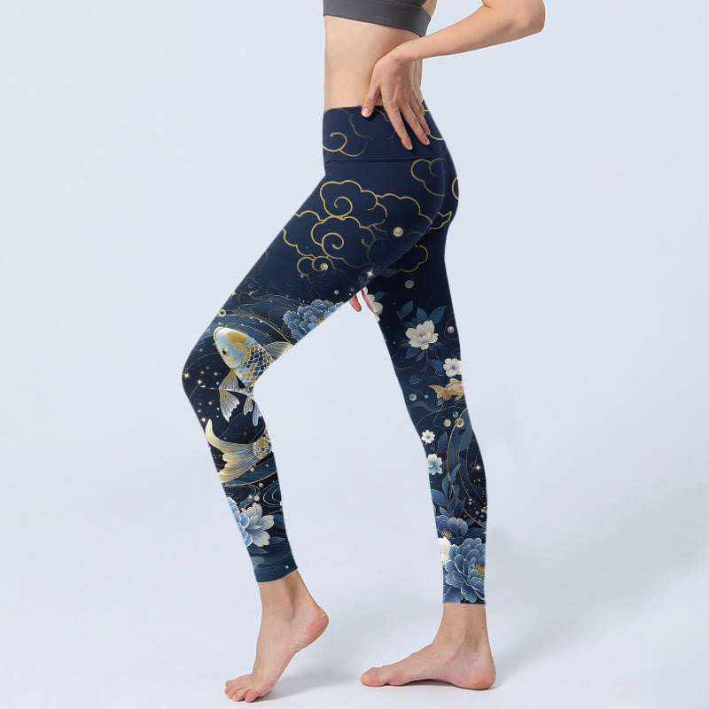 Nimara Ritual Blue White Peony Flowers Koi Fish Print Gym Leggings Women's Yoga Pants