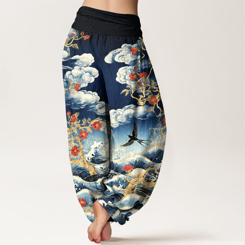Nimara Ritual Pure Cotton Auspicious Clouds Red Blossoms Swallow Ocean Waves Women's Elastic Waist Harem Pants