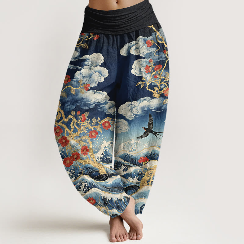 Nimara Ritual Pure Cotton Auspicious Clouds Red Blossoms Swallow Ocean Waves Women's Elastic Waist Harem Pants