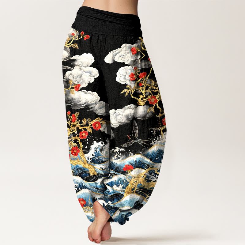 Nimara Ritual Pure Cotton Auspicious Clouds Red Blossoms Swallow Ocean Waves Women's Elastic Waist Harem Pants