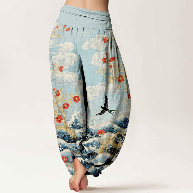 Nimara Ritual Pure Cotton Auspicious Clouds Red Blossoms Swallow Ocean Waves Women's Elastic Waist Harem Pants