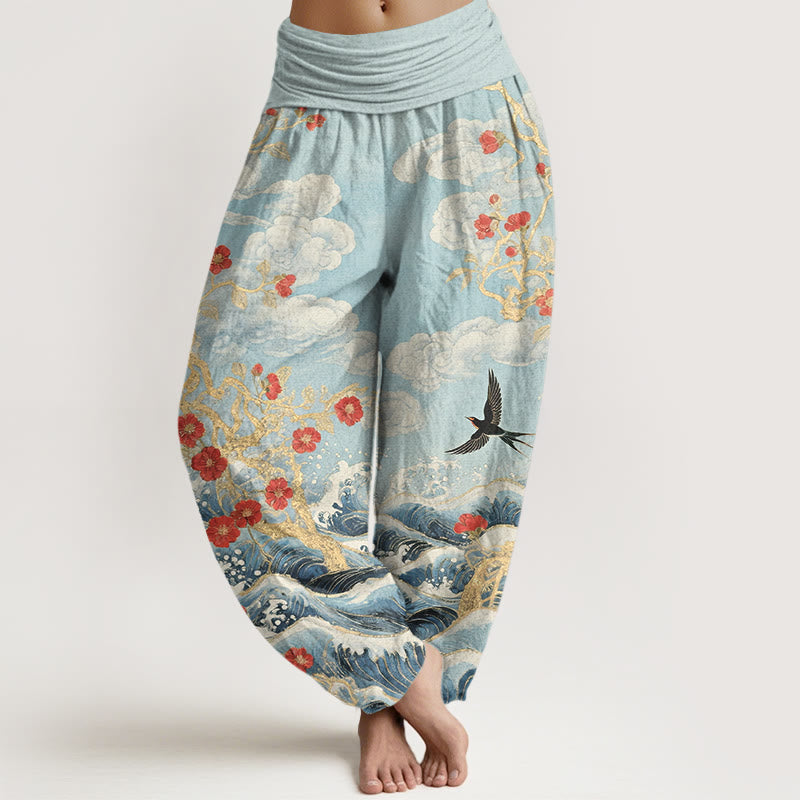 Nimara Ritual Pure Cotton Auspicious Clouds Red Blossoms Swallow Ocean Waves Women's Elastic Waist Harem Pants