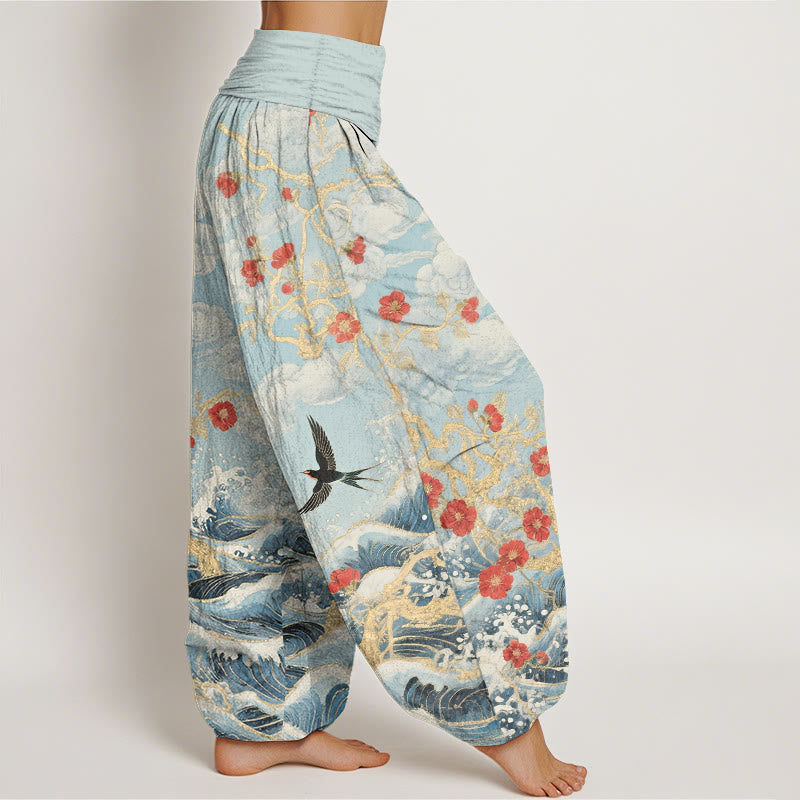 Nimara Ritual Pure Cotton Auspicious Clouds Red Blossoms Swallow Ocean Waves Women's Elastic Waist Harem Pants