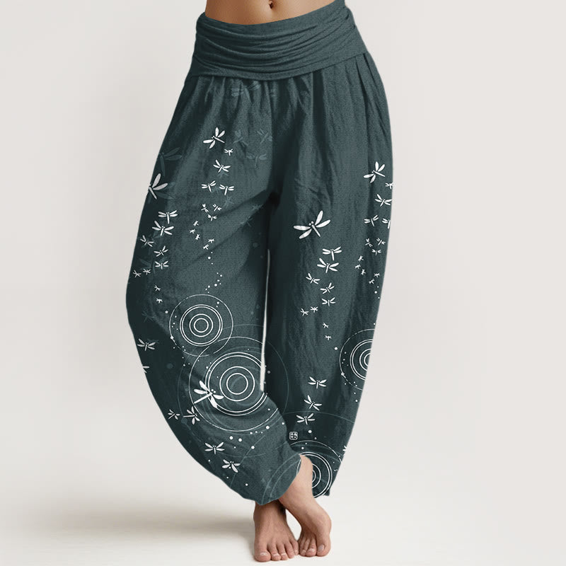 Nimara Ritual Pure Cotton Circular Lines Dragonfly Women's Elastic Waist Harem Pants