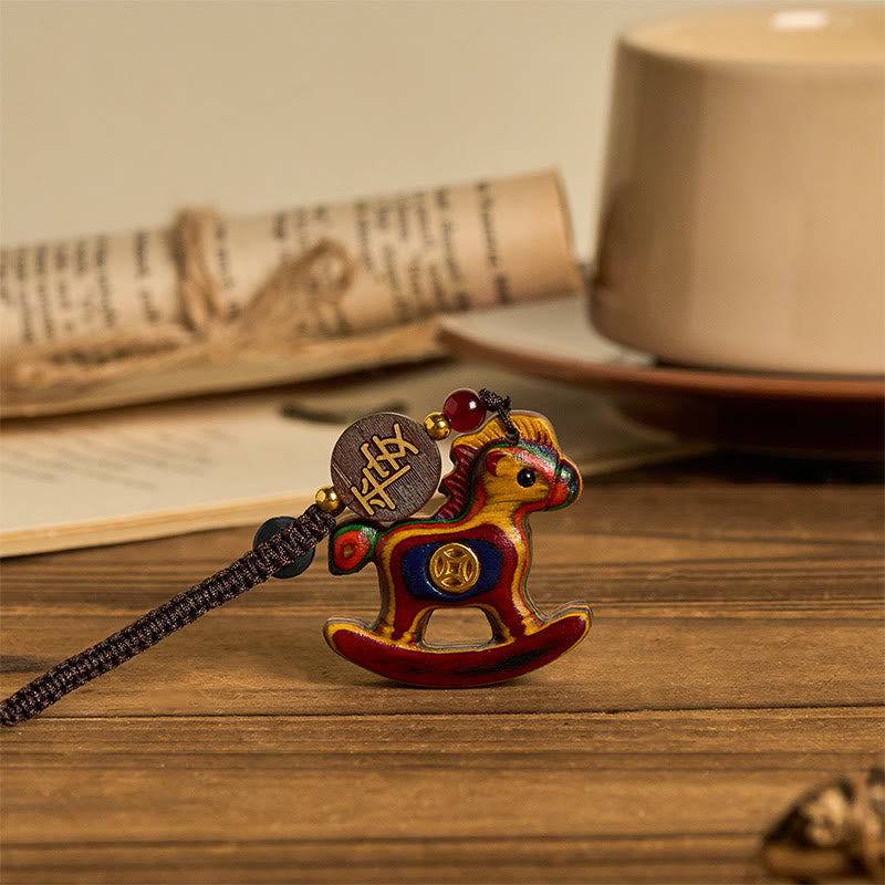 Nimara Ritual Year of the Horse Rainbow Eucalyptus Small Leaf Red Sandalwood Linden Wood Ebony Carved Positive Key Chain