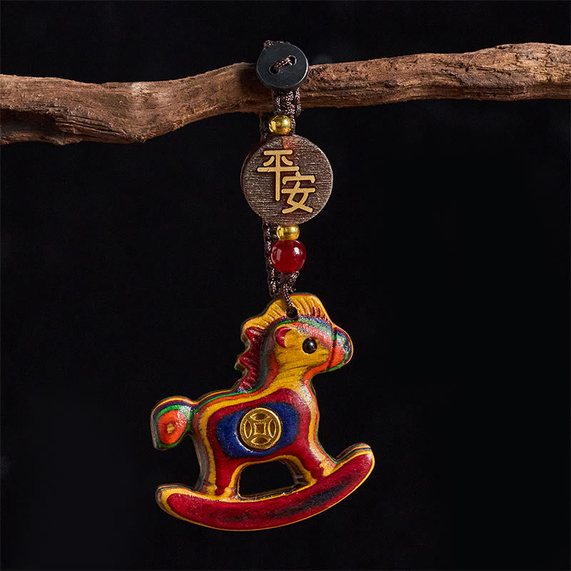 Nimara Ritual Year of the Horse Rainbow Eucalyptus Small Leaf Red Sandalwood Linden Wood Ebony Carved Positive Key Chain