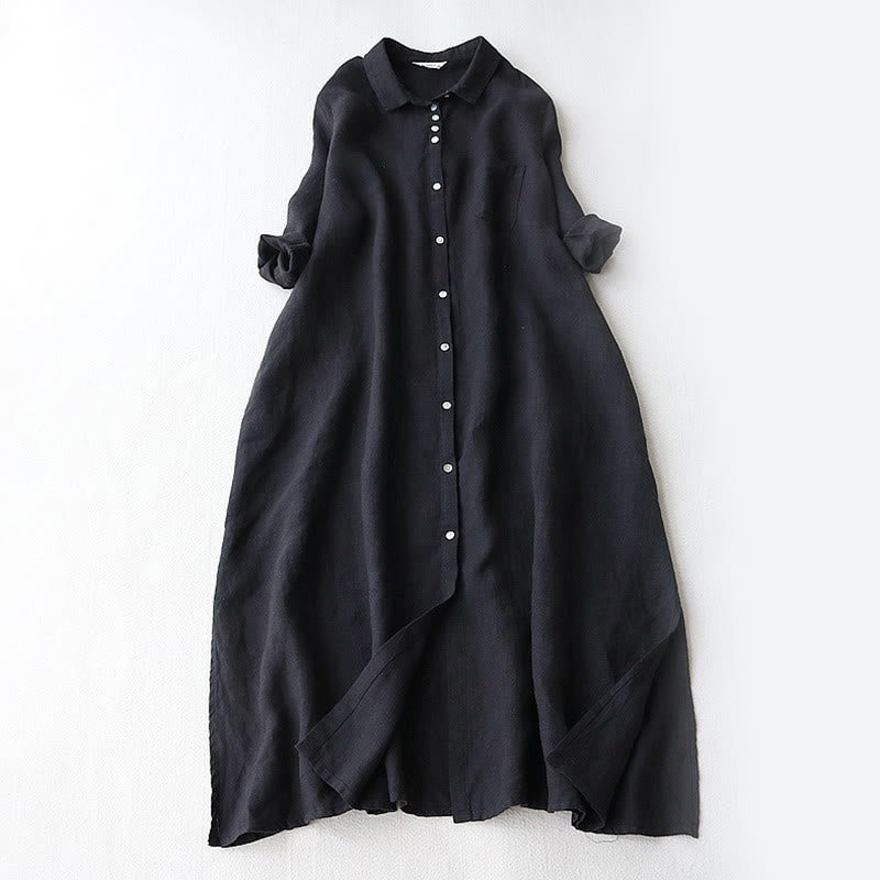 Nimara Ritual Fall Solid Buttons Down Lapel Design Three Quarter Sleeve Women's Knee Length Dress With Pockets