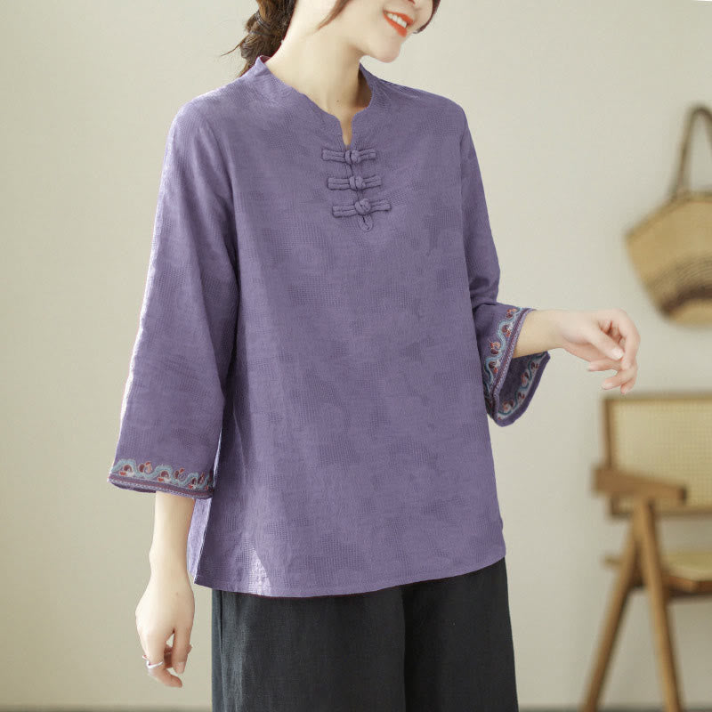 Nimara Ritual Jacquard Frog-button Stand Collar Embroidered Three Quarter Sleeve Design Women's Cotton Shirt