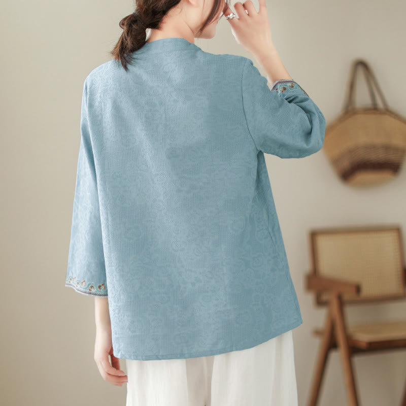 Nimara Ritual Jacquard Frog-button Stand Collar Embroidered Three Quarter Sleeve Design Women's Cotton Shirt