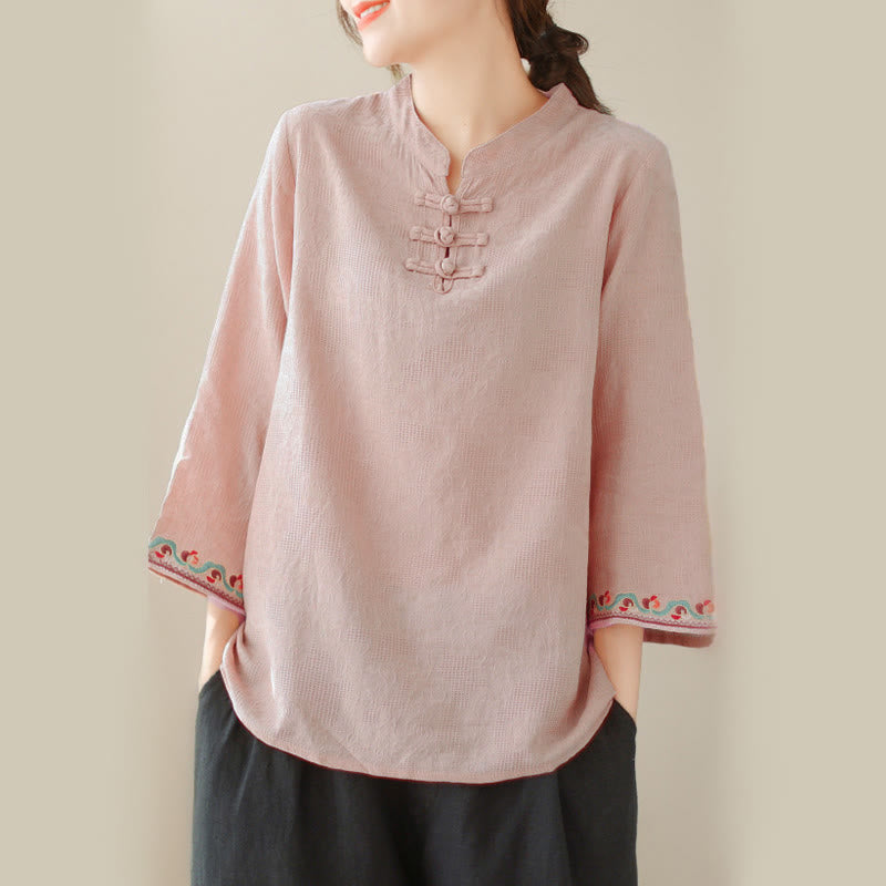Nimara Ritual Jacquard Frog-button Stand Collar Embroidered Three Quarter Sleeve Design Women's Cotton Shirt