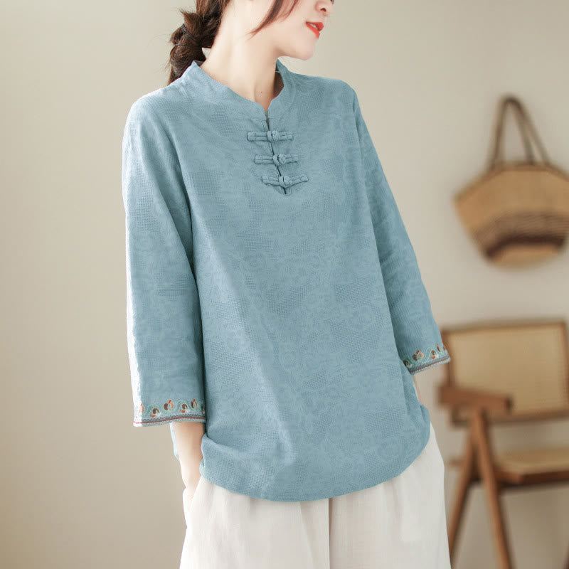 Nimara Ritual Jacquard Frog-button Stand Collar Embroidered Three Quarter Sleeve Design Women's Cotton Shirt