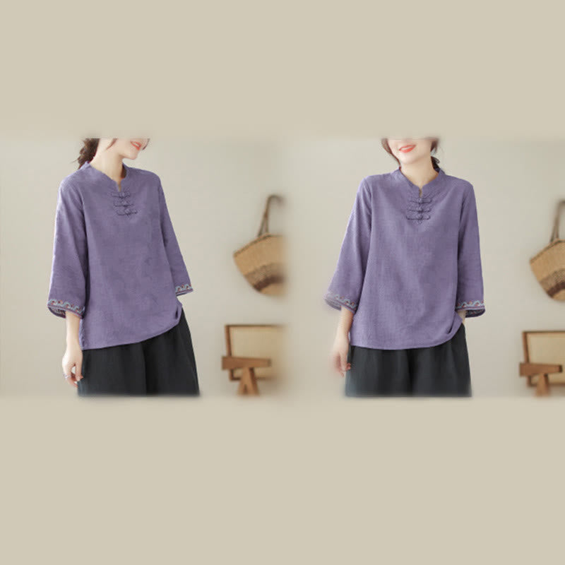 Nimara Ritual Jacquard Frog-button Stand Collar Embroidered Three Quarter Sleeve Design Women's Cotton Shirt
