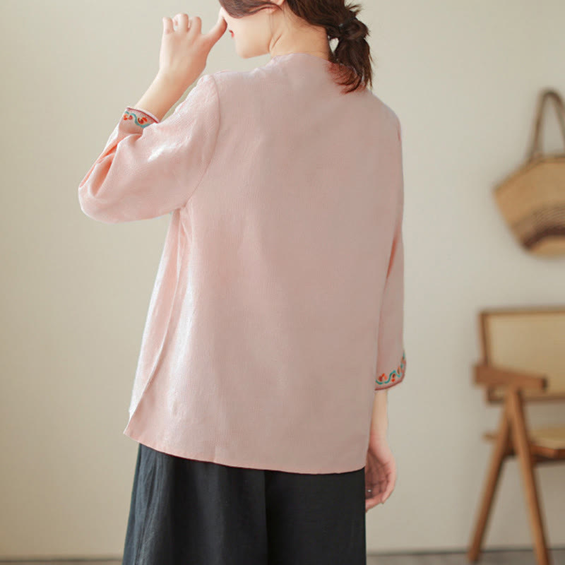 Nimara Ritual Jacquard Frog-button Stand Collar Embroidered Three Quarter Sleeve Design Women's Cotton Shirt