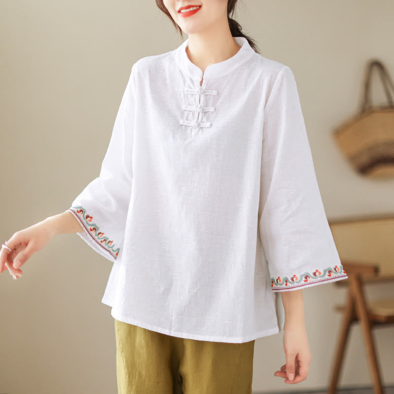 Nimara Ritual Jacquard Frog-button Stand Collar Embroidered Three Quarter Sleeve Design Women's Cotton Shirt