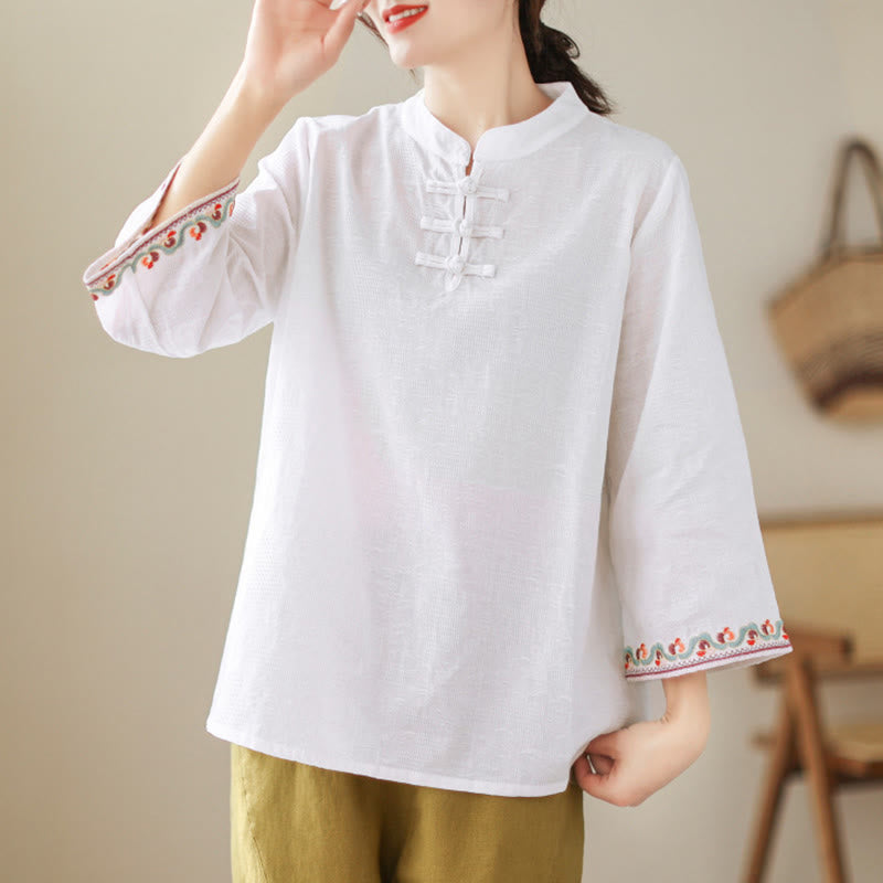 Nimara Ritual Jacquard Frog-button Stand Collar Embroidered Three Quarter Sleeve Design Women's Cotton Shirt
