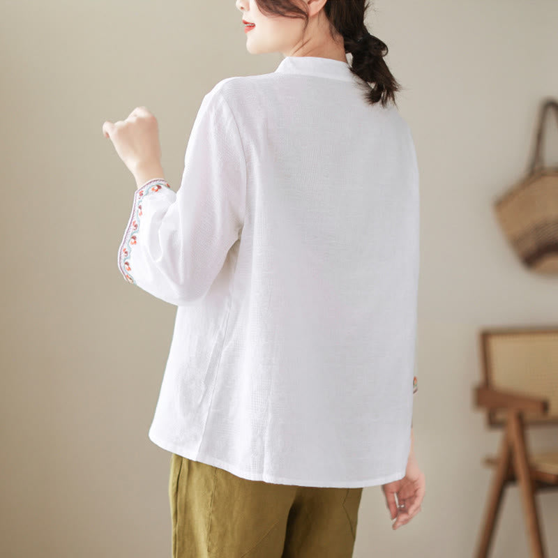 Nimara Ritual Jacquard Frog-button Stand Collar Embroidered Three Quarter Sleeve Design Women's Cotton Shirt