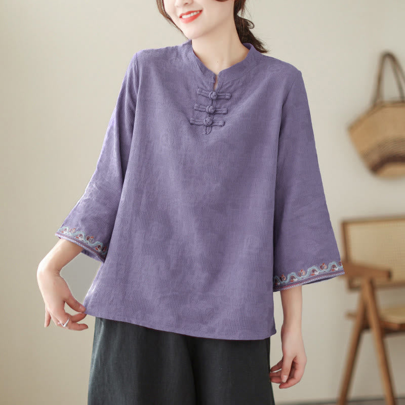 Nimara Ritual Jacquard Frog-button Stand Collar Embroidered Three Quarter Sleeve Design Women's Cotton Shirt